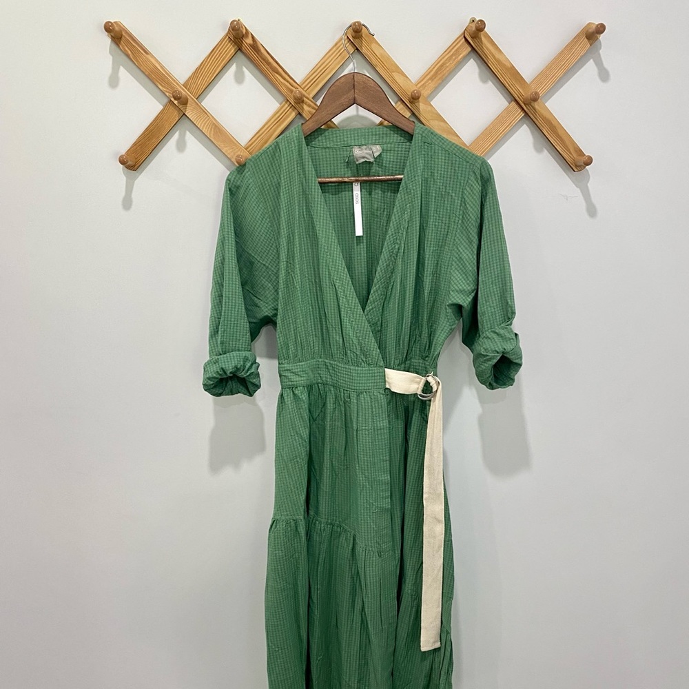 Low cut, fitted farmhouse wrap maxi